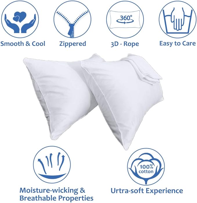 Precoco Queen Pillow Cases Set of 2 | 100% Cotton White Pillowcases Queen Size with 600 Threads | Stable Pillow Covers with Zipper Hidden for Hotel Quality, 20x30