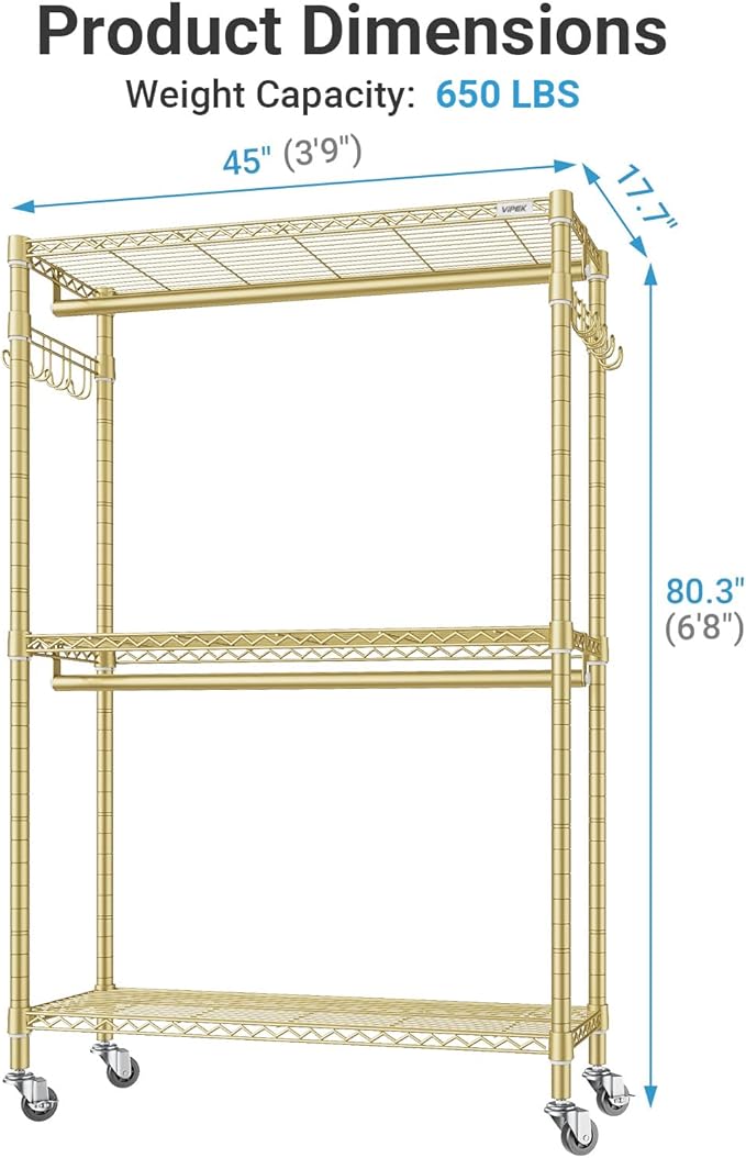 VIPEK R2 Plus Rolling Clothes Rack for Hanging Clothes Heavy Duty Garment Rack 3 Tiers Adjustable Wire Shelving Clothing Racks with Double Hanging Rods, Closet Organizers and Storage, Gold