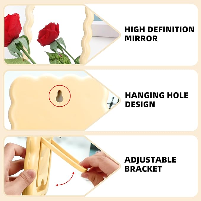 Wave Shaped Table Desk Vanity Makeup Mirror Portable Folding Cute Travel Make Up Mirror for Standing Hanging 6.7X5.3 Inch Home Decoration (Yellow)