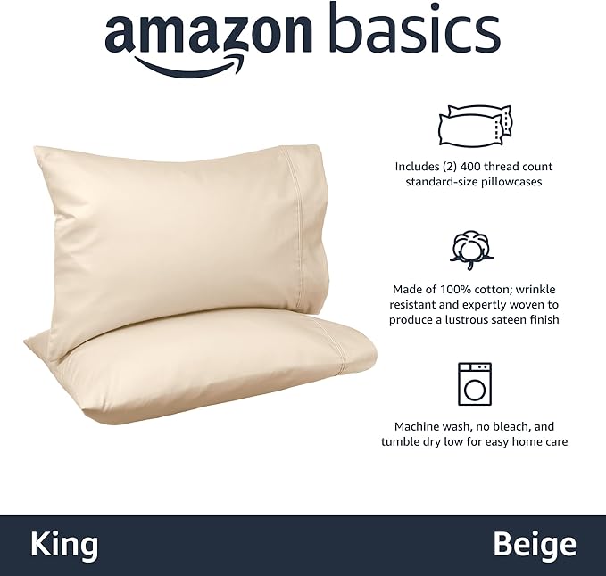 Amazon Basics 400 Thread Count Pure 100% Cotton Pillowcases, Soft, Sateen Finish, Wrinkle Resistant, Machine Wash, King, 40" x 20", Beige, Set of 2, Pillows Not Included