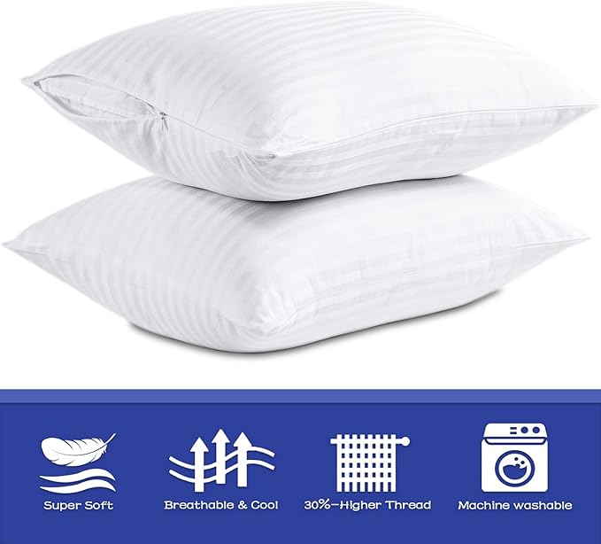 100% Cotton Pillow Protectors with Zipper Queen Size, White Pillow Cases Set of 4 for Home & Hotel, Sateen Soft Cooling Hidden Zippered Pillow Case Protector for Hair & Skin, 20x30 in