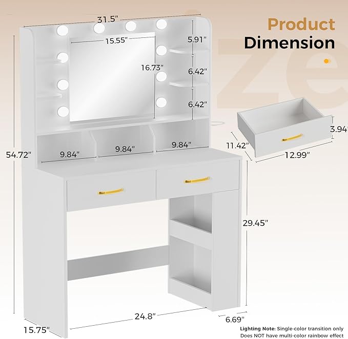 LUCKRACER Vanity Desk with LED Lights Mirror & Charging Station, Makeup Vanity with Storage Drawers and Shelves, Modern Dressing Table for Women Girls Bedroom, Ivory White