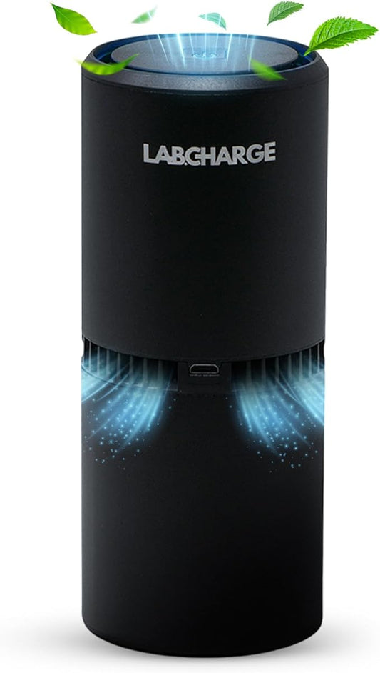 Lab Charge Small Ionic Air Purifier for Home & Bedroom – Silent HEPA Filter – Covers 250 Sq Ft - Free Cleaner for Pets, Hair, Smoke, Dust, Odors & Dander – Compact & Black Design
