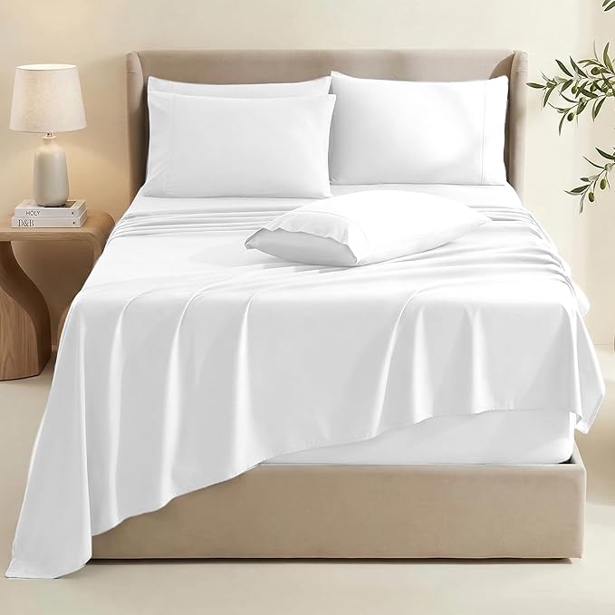 Hearth & Harbor Bed Linen Set - Twin Size - 4 Piece Sheets - White - Extra Deep Pocket Microfiber