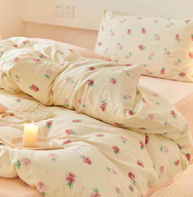 Nayoroom Strawberry Duvet Cover Set Queen Size Girls Cute Pink Strawberries Kawaii Comforter Cover 3 Pieces Soft Lightweight Microfiber Cream White Bedding with Zipper Closure
