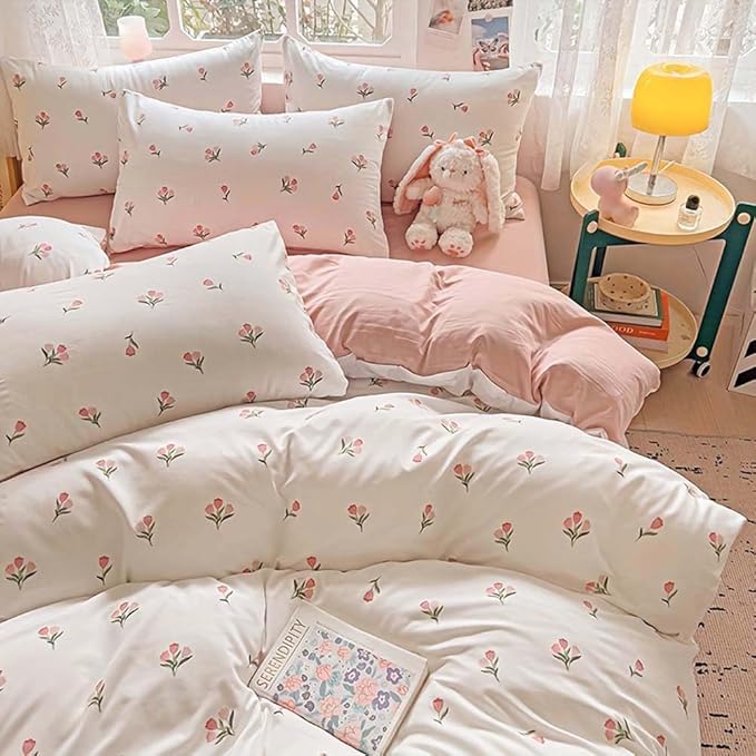 Nayoroom Pink Floral Duvet Cover Queen Size Coquette Tulip Printed on White Reversible Comforter Cover 3Pcs Kids Girls Cottagecore Bedding Set with Zipper Closure Soft Breathable Microfiber