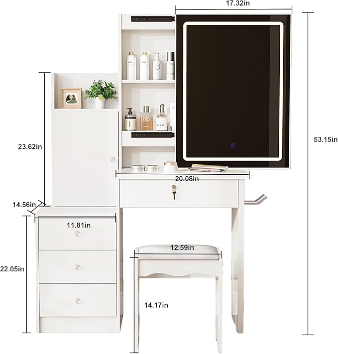 Casaphoria 31.5 Inch White Vanity Desk with Lighted Mirror & Storage – Makeup Dressing Table with 4 Drawers, 9 Compartments, Hidden Storage & Stool for Women Girls Bedroom