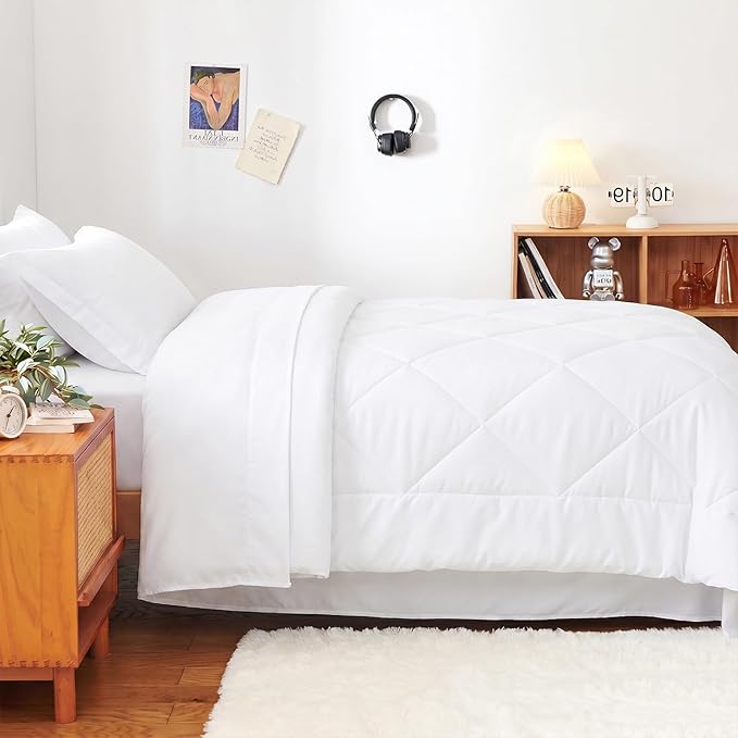 CozyLux Twin XL Comforter Set White - 5 Pieces Twin Extra Long Bed in a Bag for College Dorm, All Season Bedding Set for Girls and Boys, Soft Bed Set with Comforter, Sheets, Pillowcase & Sham