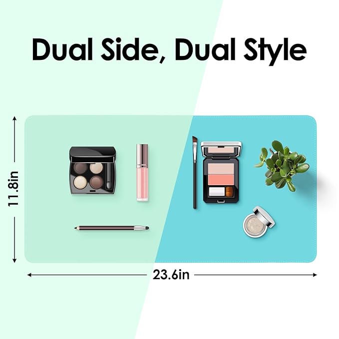 Makeup Mat for Vanity to Protect Desk Top 23.6 x 11.8 in, Dual-Sided Makeup Mat, Easy to Clean Desk Pad - Waterproof and Oilproof Vanity Accessories (Calamine Blue and Mint Green)