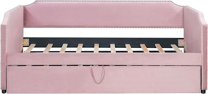 Merax Multifunctional Upholstered Extending Daybed with Trundle Twin to King, Velvet Sofa Bed with Wood Slats, No Box Spring Needed Pink