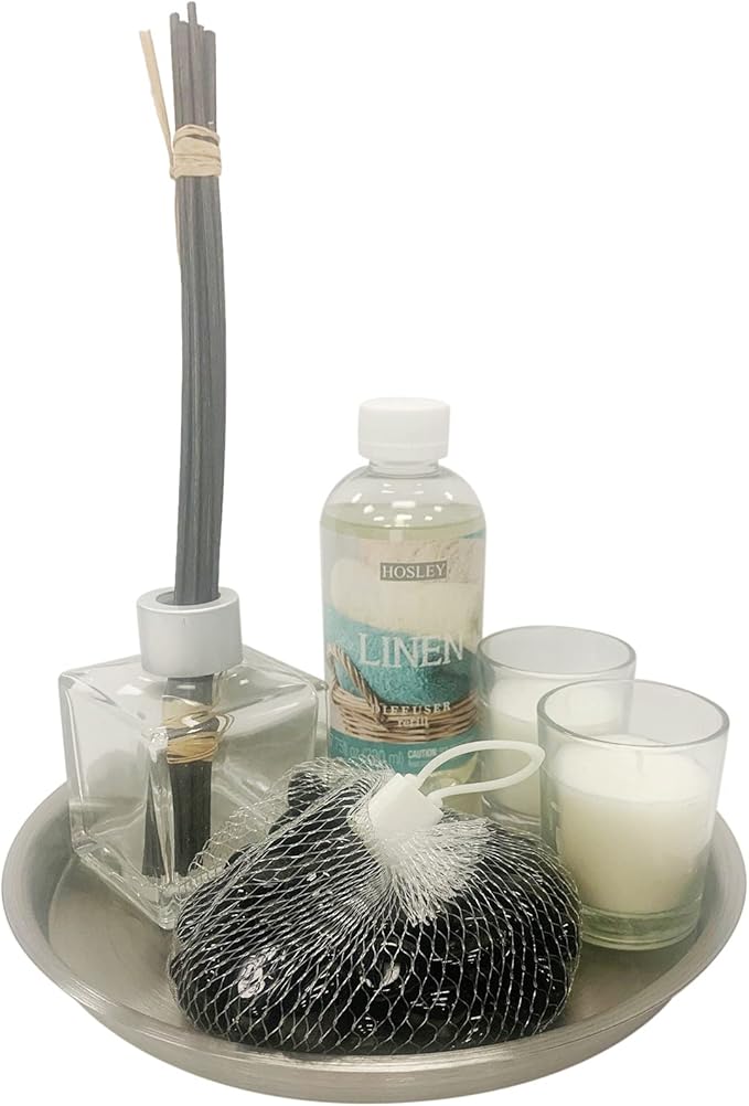 Hosley Aromatherapy Linen Diffuser Gift Set – 230ml Refill Oil, Glass Bottle, Reed Sticks, Metal Plate, Glass Filler & 2 Filled Candles,All-in-One Home Fragrance Set.