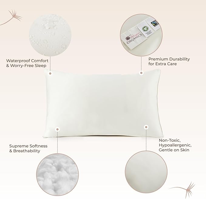 Organic Cotton Pillow Protector - 100% Waterproof Pillow Protector Standard Size GOTS & Fairtrade Certified - 140GSM Thicker Hypoallergenic Soft Breathable Cover with Edge Piping - 2 Pack (Standard)