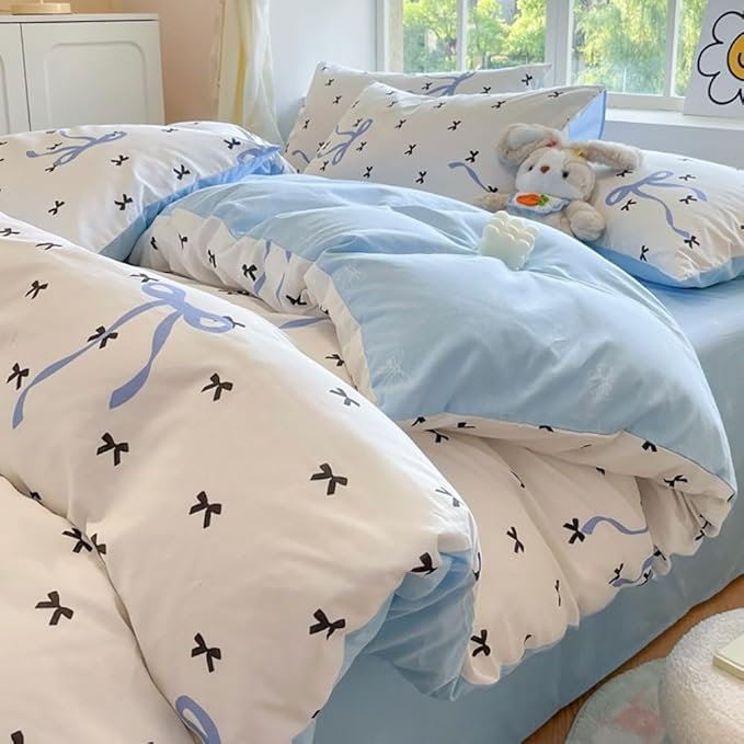 Nayoroom Blue Bow Duvet Cover Queen Size Reversible Blue Duvet Cover 3 Pieces Soft Lightweight Microfiber Kids Girls Cute Aesthetic Dorm Bedding Set