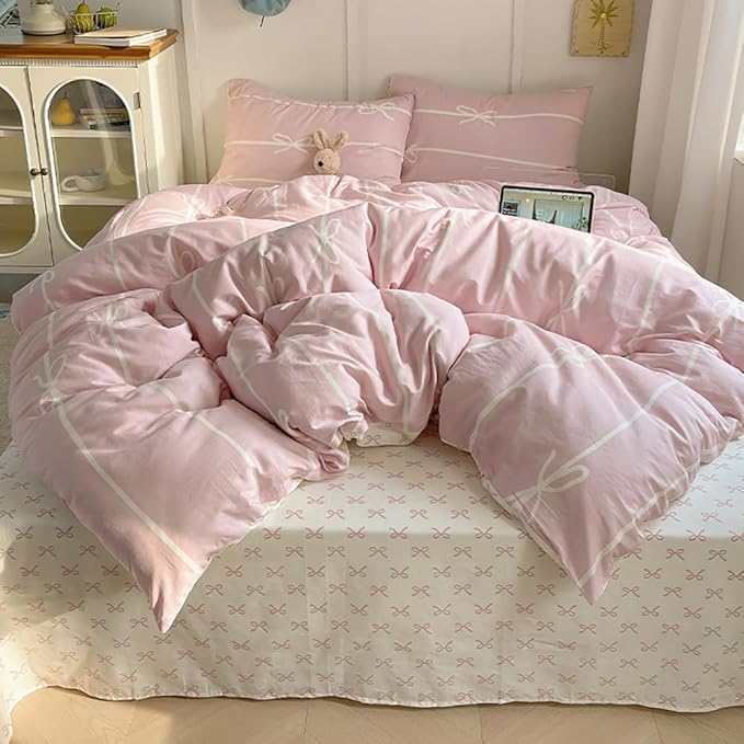 Nayoroom Pink Bow Duvet Cover Queen Size Kids Girls Cute Coquette Bedding Set 3 Pcs Soft Microfiber Reversible White Striped Comforter Cover Gifts for Women