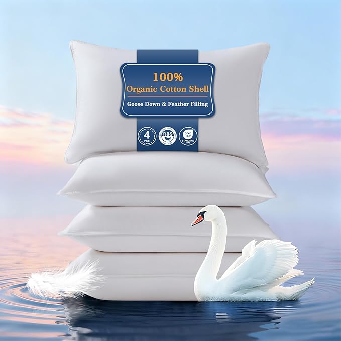 Goose Down Pillows King Size Set of 4, Hotel Quality Bed Pillow for Sleeping 4 Pack, 900 Fill Power Natural White Goose Feather Pillows with 700 TC 100% Organic Cotton Shell, 18"x36" White