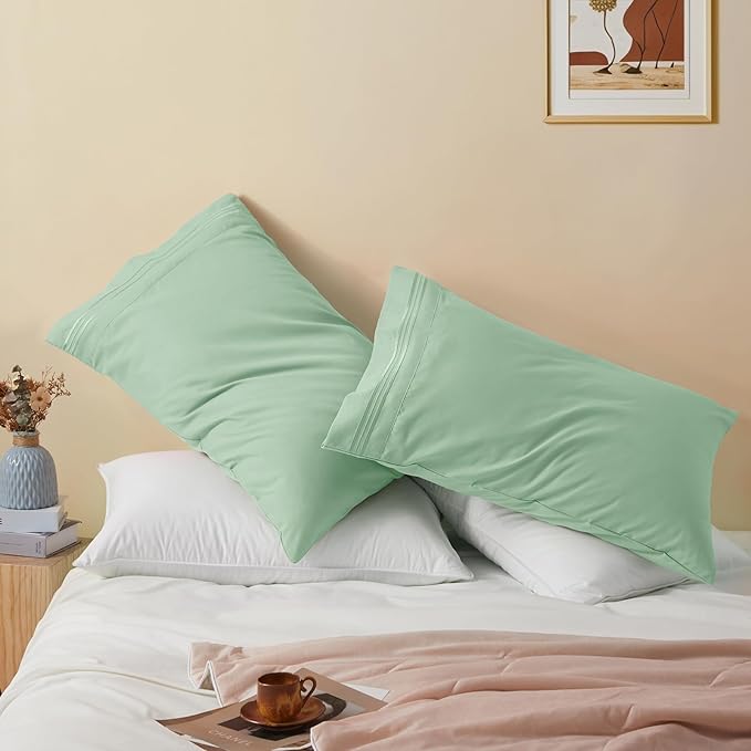 Vonty 2 Pack King Pillow Cases - 20x40 Inch, 1800 Thread Count Microfiber Pillowcases King Size Sage Green Pillow Cases Luxury & Soft Embroidered Bed Pillow Covers with Envelope Closure
