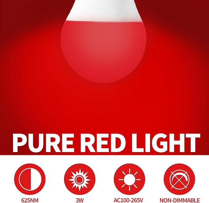 625nm Red Light Bulbs for Sleep, 3W 100% Blue Light Block Light Bulbs that Mimics the Natural Tones of Sunset, Promote Melatonin Production, Relieve Stress, Perfect for Baby's Bedroom, Sleeping, 4PK
