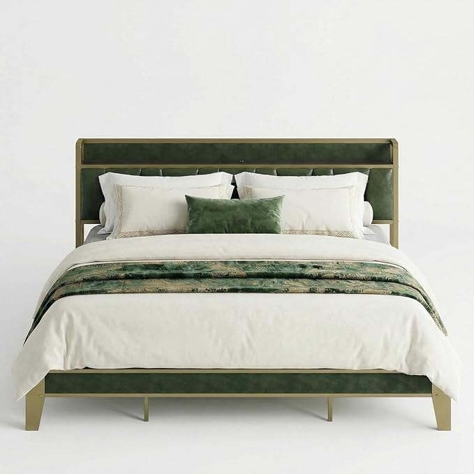 LIKIMIO California King Bed Frame, Storage Headboard with Charging Station, Solid and Stable, Noise Free, No Box Spring Needed, Easy Assembly (Dark Green)