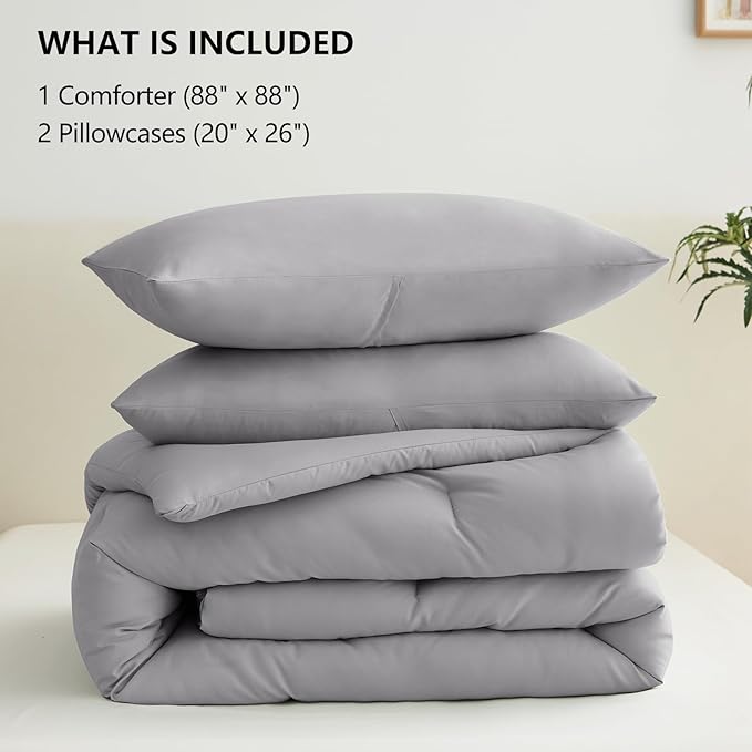 CozyLux Queen Comforter Set Grey, 3 Pieces Solid Comforters Queen Size Breathable Bedding Sets, Gray Luxury Soft Lightweight Bed Set with Down Alternative Comforter and 2 Pillowcases for All Seasons