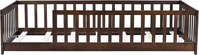 Bellemave Twin Floor Bed with Slats and Safety Guardrails, Twin Size Montessori Floor Bed with Fence and Without Door, Easy Assemble Montessori Beds Frame for Girls, Boys, Pink Espresso