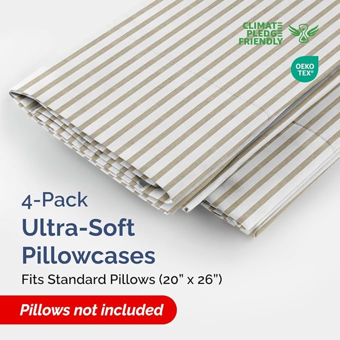 Standard Pillow Cases Set of 4 - Soft Hotel Quality Pillowcase Covers - Comfy, Cozy Bedding for Women, Men, Kids & Teens - Machine Washable Pillow Protectors - 4 Piece - Standard Size Beige Stripes