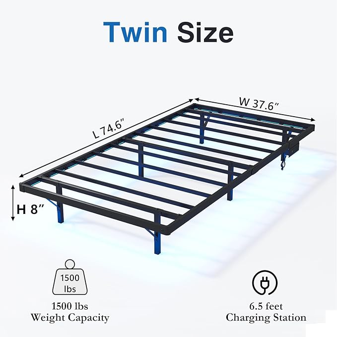 HAVONIZD Floating Bed Frame Twin with LED Lights and Charging Station - 8 inch Platform Bed Frame No Box Spring Needed, Easy Assembly