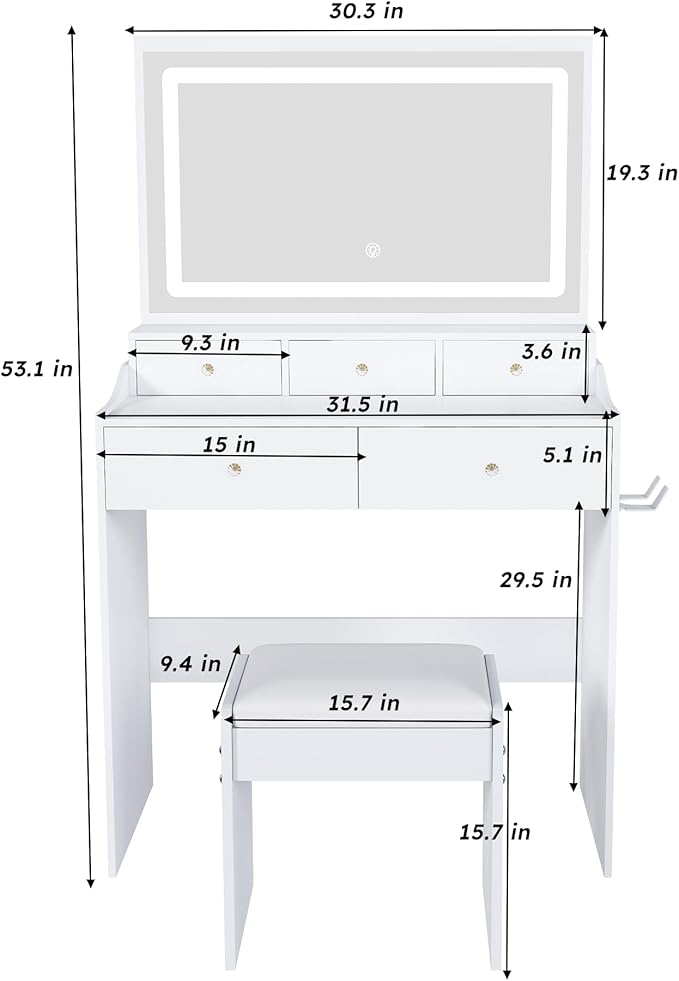 Casaphoria Large Makeup Vanity Desk with Mirror, 5 Drawers & Power Outlet for Bedroom - Modern Dressing Table with Adjustable LED Lights & Hair Dryer Holder, White