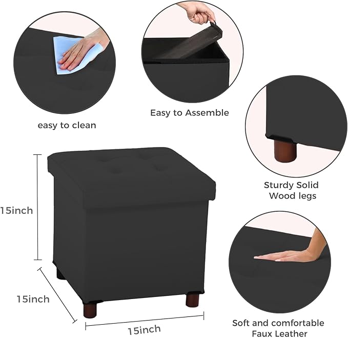 Dorriss Storage Ottoman for Living Room，Square Ottoman with Tray Bedroom Cube Foot Rest Stool with Legs Ottomans Coffee Table Lid Foldable Footstool Faxu Leather 15" Inch(Black)