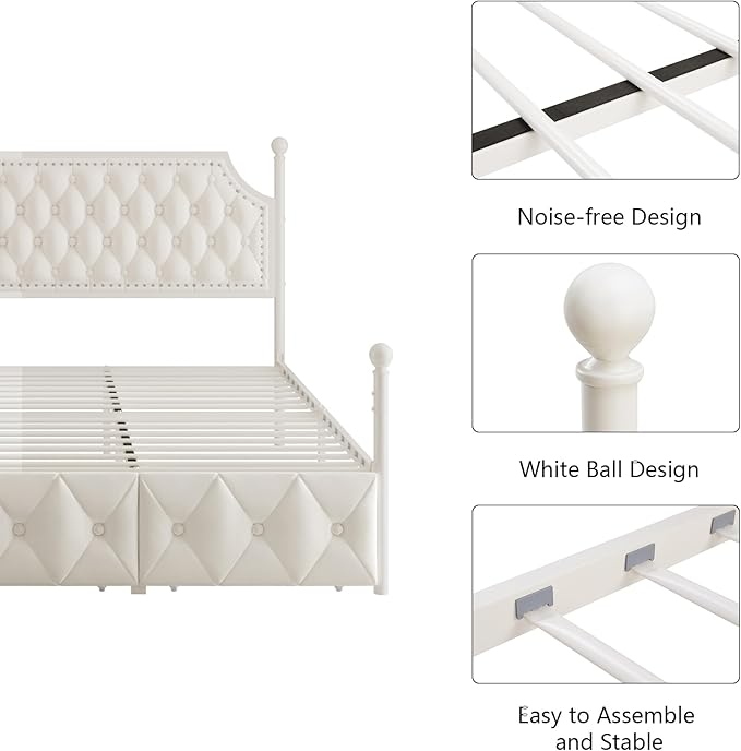 Keyluv Full Upholstered Canopy Bed Frame with 2 Drawers and Button Tufted Headboard, Metal Platform Bed with 4 Removable Posts, Two-Purpose Velvet Bed No Box Spring Needed, Beige/Curtains Not Included
