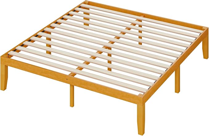 DUMOS King Solid Bed Frame Wood 16 Inches, Sturdy Platform Bed with Heavy Duty Wood Slat Support, No Box Spring Needed, Easy Assembly, Natural Pine