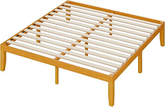 DUMOS King Solid Bed Frame Wood 16 Inches, Sturdy Platform Bed with Heavy Duty Wood Slat Support, No Box Spring Needed, Easy Assembly, Natural Pine