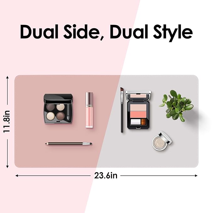 Makeup Mat for Vanity to Protect Desk Top 23.6 x 11.8 in, Dual-Sided Makeup Mat, Easy to Clean Desk Pad - Waterproof and Oilproof Vanity Accessories (Pink and Silver)