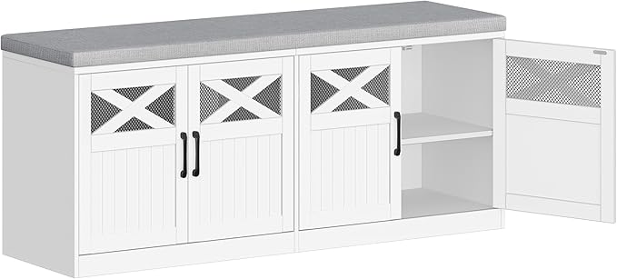 Hzuaneri 2 Tier Shoe Storage Bench with Doors, 47.2" Farmhouse Shoe Bench with Padded Cushion, 12 Pairs of Bed End Bench, Entryway Bench with Storage for Bedroom, Living Room, White SB61203X