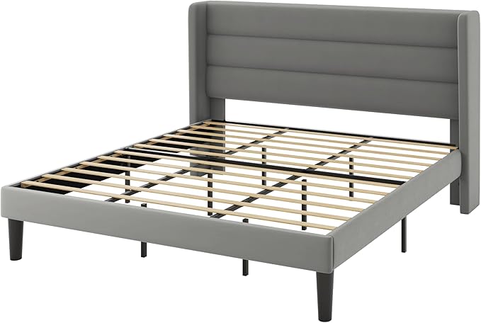 Allewie King Size Platform Bed Frame with Velvet Upholstered Wingback Headboard, No Box Spring Needed, Under Bed Storage Space, Strong Wooden Slats, Modern Mattress Foundation, Easy Assembly, Grey