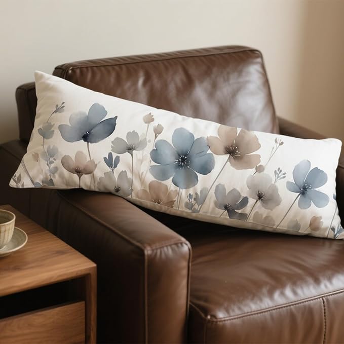 Vintage Watercolor Floral 20x54 Body Pillow Cover, Floral Room Decor, Abstract Blue Gray and White Flowers Botanical Decorative Long Body Pillow Cases for Bed Couch
