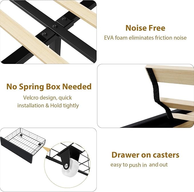 Garvee King Size Bed Frame with 2 Storage Drawers, Vintage Velvet Headboard Bedframe with upholstered Platform, Wooden Slat Support, Noise Free, No Box Spring Needed, Black
