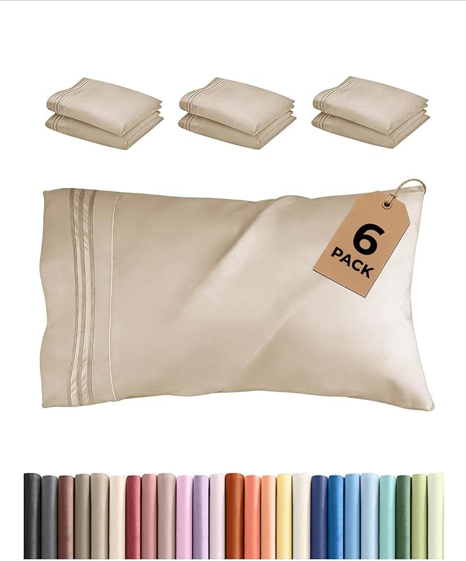 Standard Pillow Cases Set of 6 - Ultra Soft Hotel Quality Pillowcase Covers - Comfy, Cozy & Wrinkle Free - Shrink, Stain and Fade Resistant - Machine Washable Pillow Protectors - 6 Piece Set - Wheat