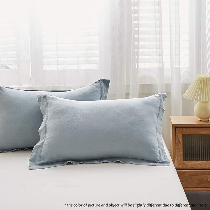 Simple&Opulence 100% French Flax Linen Duvet Cover Set with Embroidery Washed - 3 Pieces (1 Duvet Cover with 2 Pillow Shams) with Button Closure Soft Breathable Farmhouse - Dusty Blue, King Size