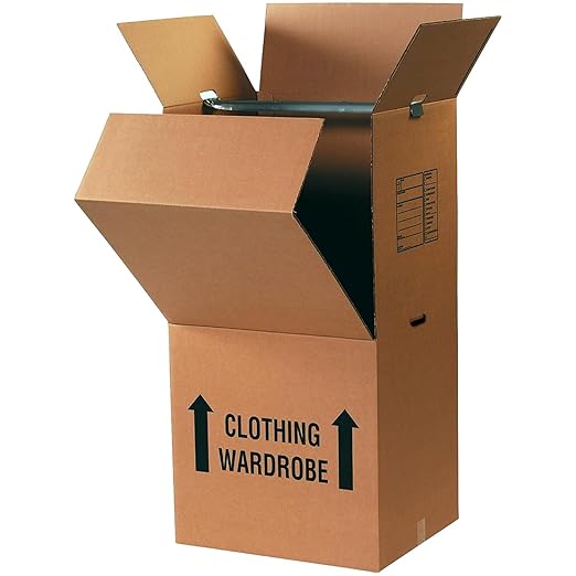 BOX USA Heavy-Duty Tall Wardrobe Moving Boxes with Hanger Bars (3-Pack) – 20″L × 20″W × 45"H – Extra-Tall 275#/ECT-48 Double-Wall Corrugated Boxes for Clothes, Coats & Dresses