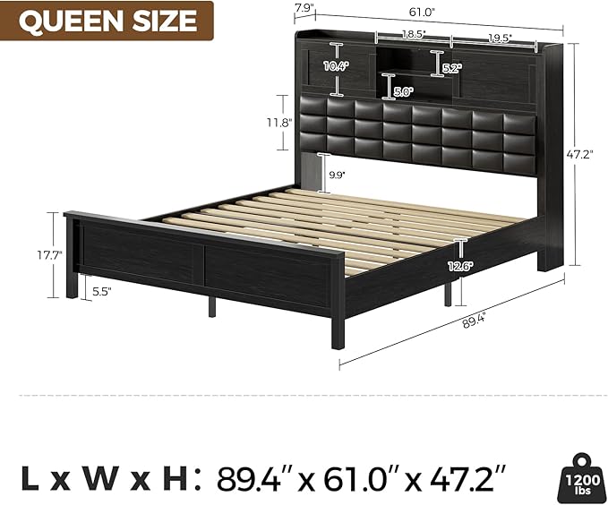 Rolanstar Bed Frame Queen Size with Charging Station, Bookcase Headboard Bed with LED Light and Sliding Doors, Platform Bed with Wooden Slats, No Box Spring Needed, Noise Free, Black
