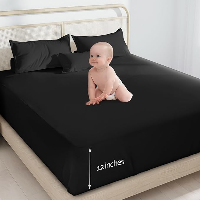 Twin Fitted Sheet Only, Twin Size Sheets for Kids Up to 14 Inches Deep Procket, Single Bed Mattress Sheets Stretchable Breathable Cover, Black