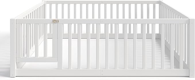 Bellemave Full Size Montessori Floor Bed with 23.5" High Rails, Pine,Plywood Full Floor Bed with Small Door, White