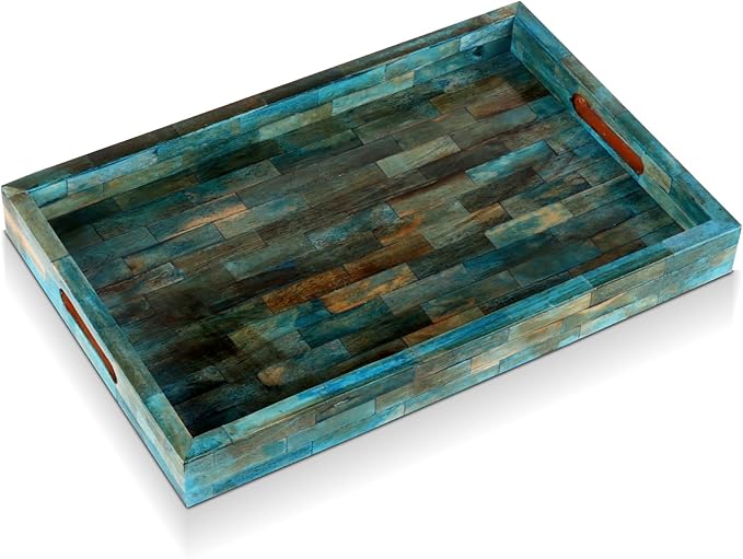 Handicrafts Home Verdigris Bone Inlay Decorative Tray 17x11, Handmade Organizer Coffee Table & Ottoman Tray with Handles, Serving Tray for Guest Living Room, Dining & Centerpiece Home Decor Gift