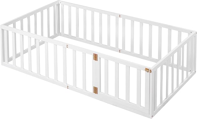 Bellemave Twin Size Montessori Floor Bed with 21.7" High Rails, Pine,Plywood Floor Bed with Small Door, White
