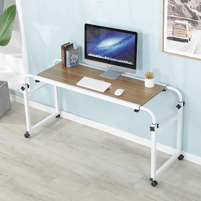 TigerDad Adjustable Overbed Table with Wheels, Mobile Laptop Desk on Wheels for King Queen Bed, Height Adjustable Rolling Computer Cart with Stand, Ancient Oak