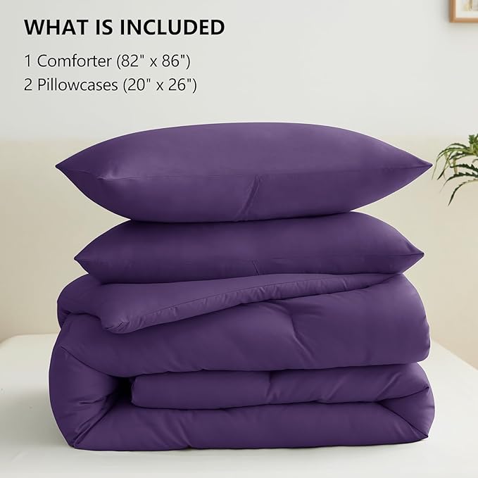 CozyLux Full Size Comforter Set Purple, 3 Pieces Solid Breathable Quilted Bedding Sets, Luxury Lightweight Soft Bed Set with Down Alternative Comforter and 2 Pillowcases for All Seasons
