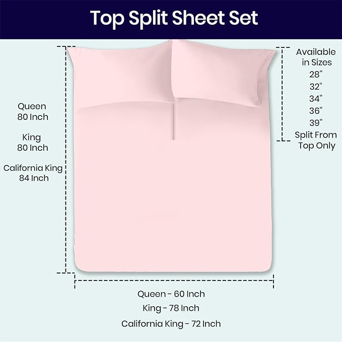 SGI bedding 36" Cal King Split Top Flex Head Sheet 100% Egyptian Cotton Sheet Set 1000 Thread Count Flex Top Sheet for Adjustable Bed 4Pc Sheet Set 15" Deep Pocket for Sleep Number Bed - Blush