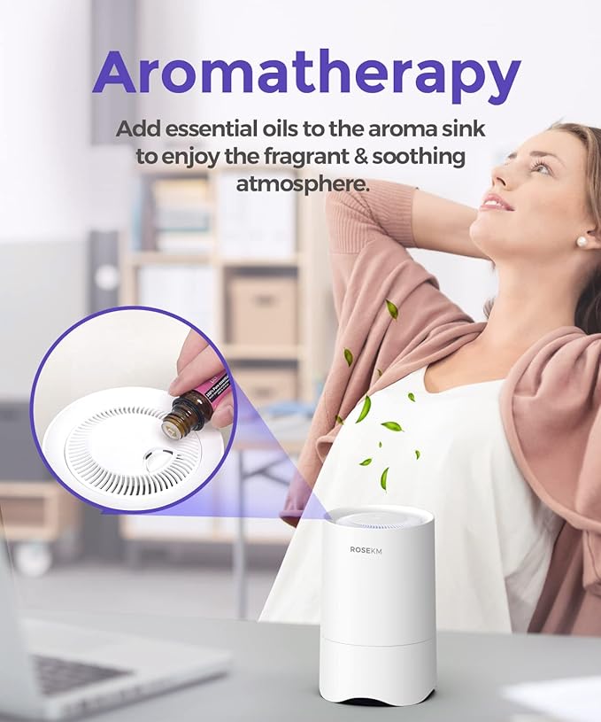 Rosekm Small Air Purifier for Home Bedroom, Personal Desk Mini Air Purifier, Room Hepa Air Purifier Fresheners Cleaner for Dorm, Pets, Smoke, Desktop, Office (2 Pack)