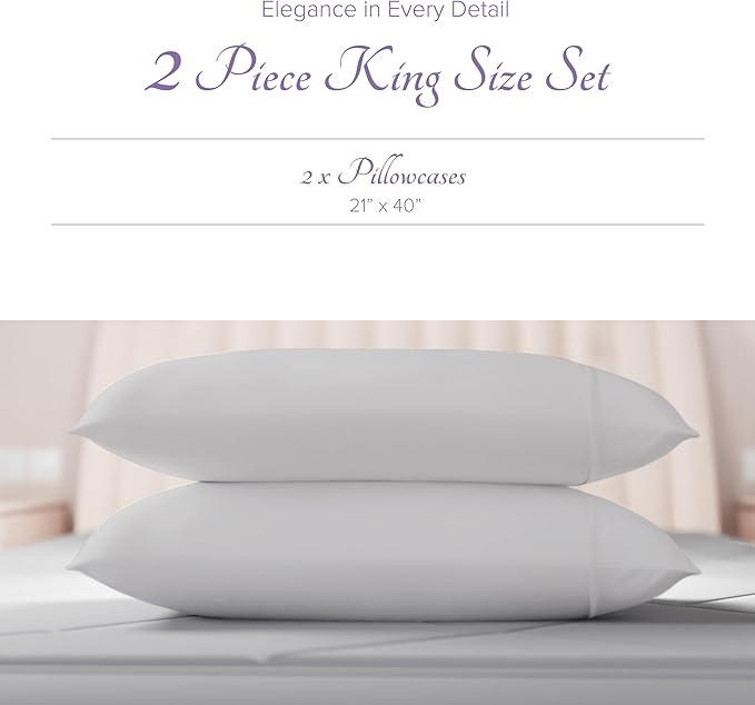 Carressa Linen 100% Egyptian Cotton King Size Pillow Cases Set of 2 - Luxury 600 Series Hydrangeas Collection King Pillowcases (Silver), Soft Cooling, Sateen Weave Hotel Quality Bed Pillow Cover