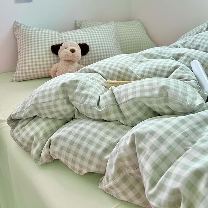 Nayoroom Green Gingham Duvet Cover Full Size Plaid Checkered Duvet Cover Girls Dorm Bedding Set 3 Pieces Soft Lightweight Washed Microfiber Farmhouse Bedding with Pillowcases
